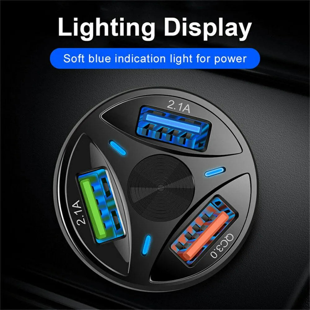 3 Port Fast LED White Car Charger + 3 in 1 Cable Combo Black