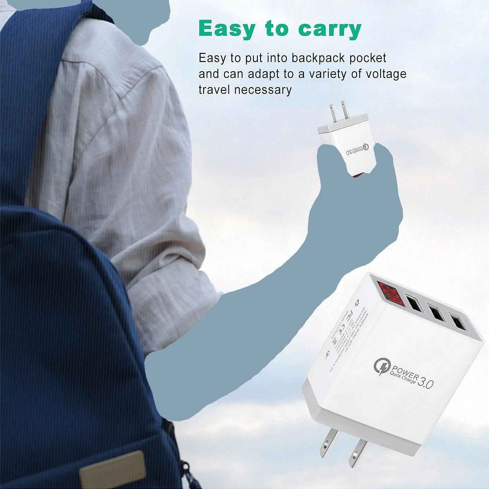3 Port LED Fast Quick Charge QC 3.0 USB Hub Display Wall Charger Adapter US Plug