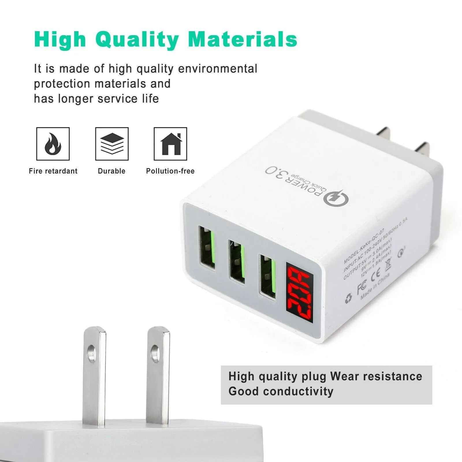 3 Port LED Fast Quick Charge QC 3.0 USB Hub Display Wall Charger Adapter US Plug