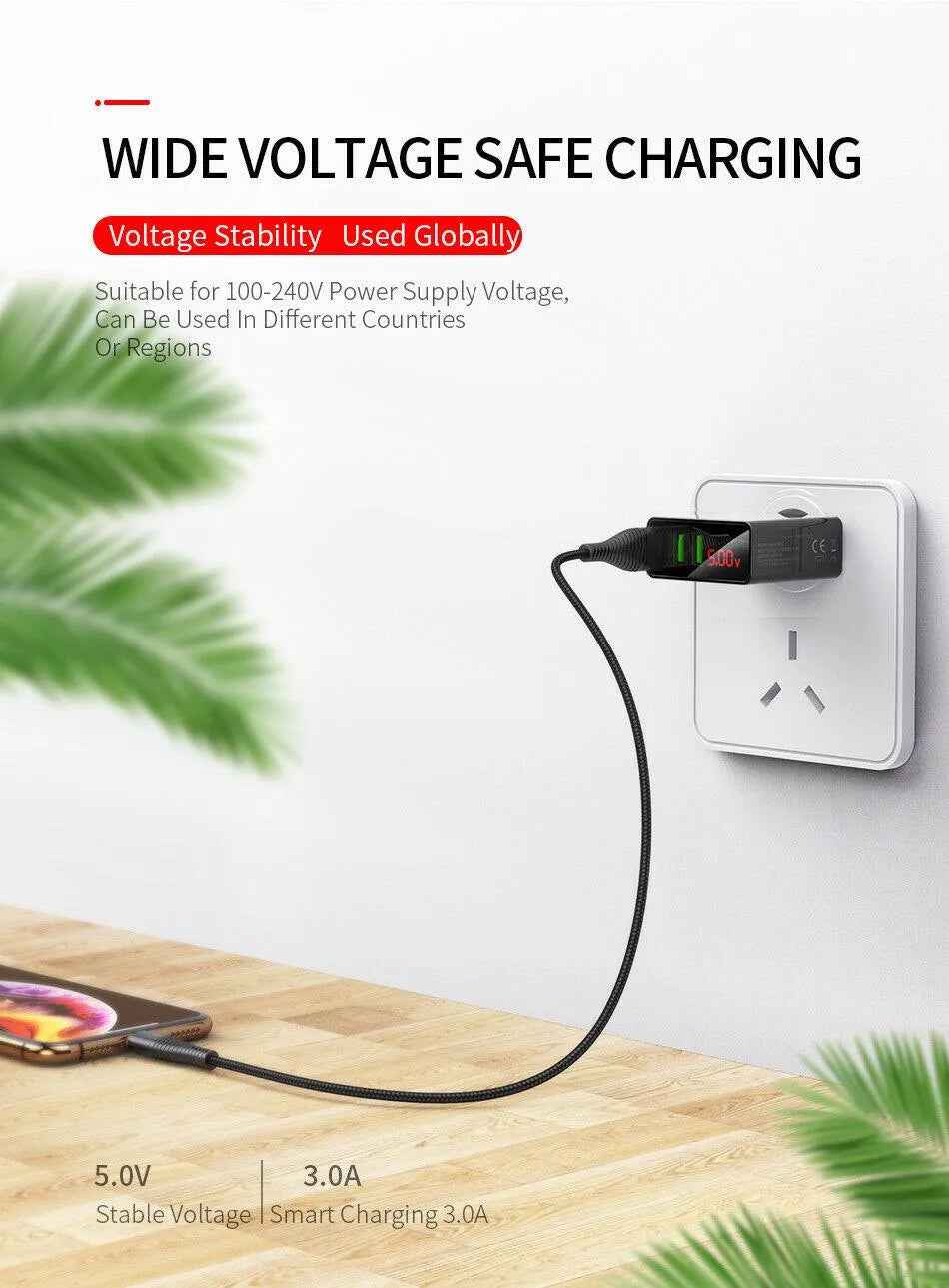 3 Port LED Fast Quick Charge QC 3.0 USB Hub Display Wall Charger Adapter US Plug