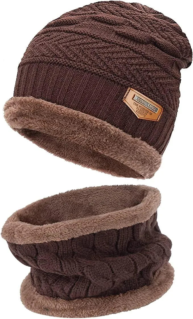 Mens Womens Winter Beanie Hat Scarf Set Warm Knit Hat Thick Fleece Lined Winter Cap Neck Warmer for Men Women