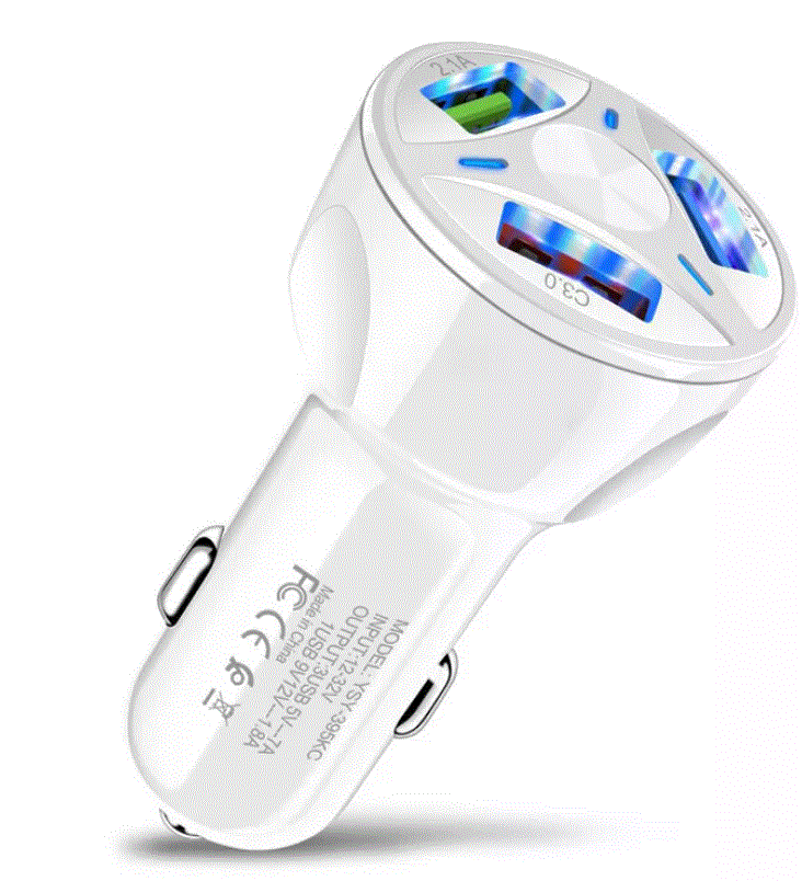 PBG 3 Port White USB Fast LED Car Charger and Charger Compatible for Iphone USB Cable Combo